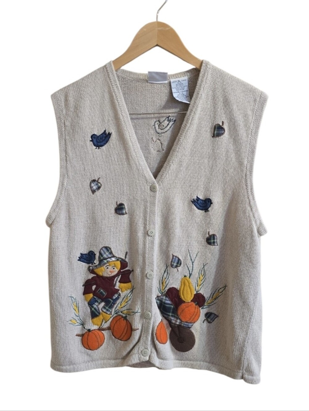 Vintage Bobbie Brooks Tan Scarecrow Pumpkins Birds Fall Sweater Vest. Size XL